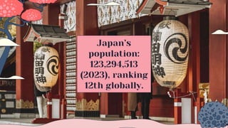 Japan’s
population:
123,294,513
(2023), ranking
12th globally.
 