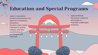 Education and Special Programs
• Japan’s education
system emphasizes nine
years of compulsory
education.
• Student clubs foster
interests in sports,
culture, and arts,
contributing to
exchanges and
matches.
• Special Needs
Education supports
physically or
mentally challenged
students.
 