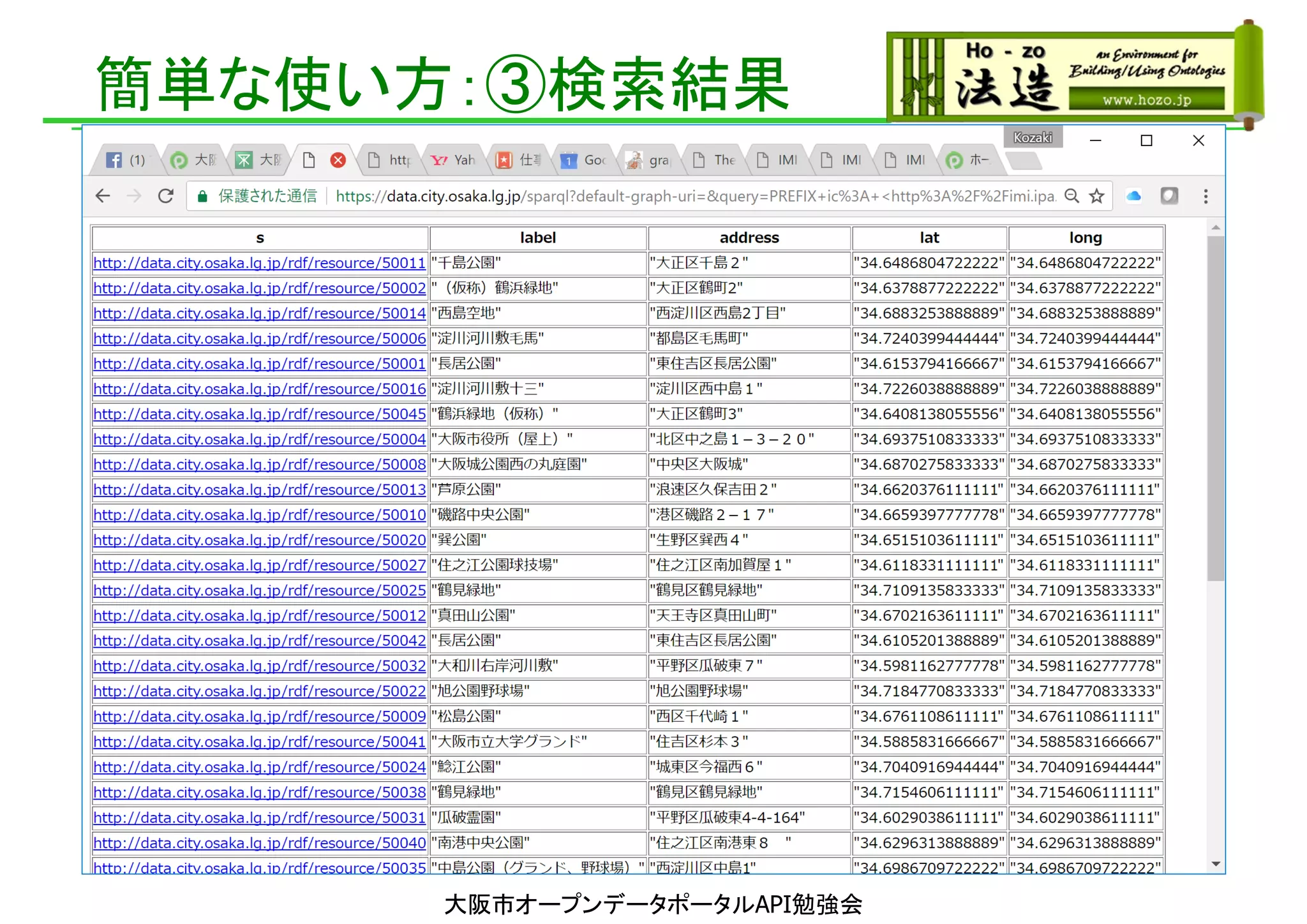 簡単な使い方：③検索結果
大阪市オープンデータポータルAPI勉強会
 