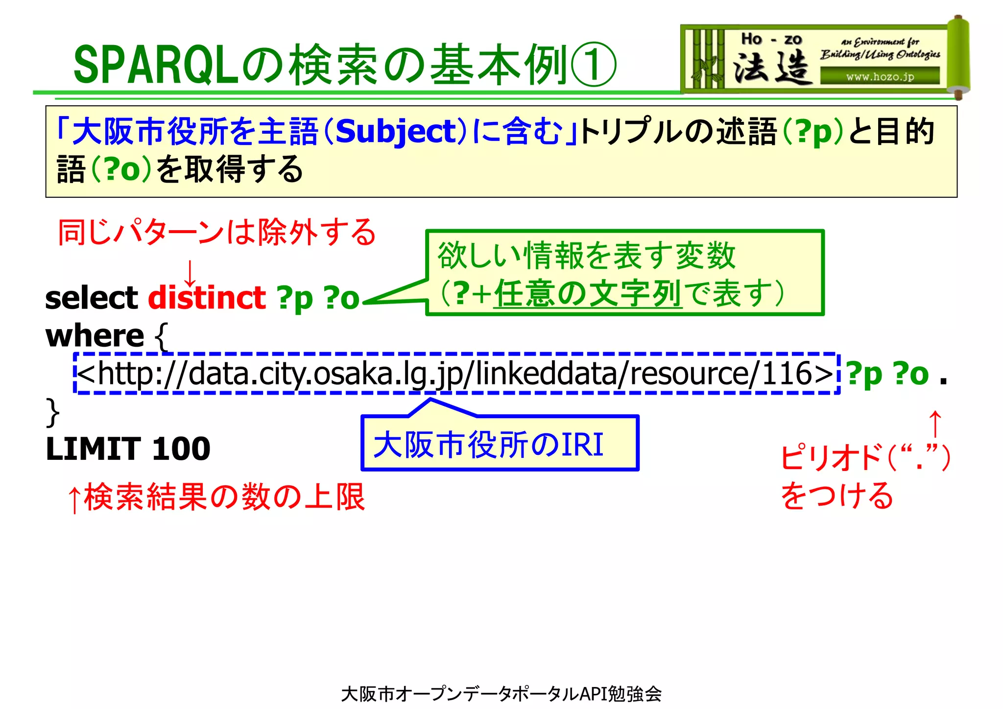 SPARQLの検索の基本例①
「大阪市役所を主語（Subject）に含む」トリプルの述語（?p）と目的
語（?o）を取得する
select distinct ?p ?o
where {
<http://data.city.osaka.lg.jp/linkeddata/resource/116> ?p ?o .
}
LIMIT 100 大阪市役所のIRI
同じパターンは除外する
↓
大阪市オープンデータポータルAPI勉強会
↑検索結果の数の上限
欲しい情報を表す変数
（?+任意の文字列で表す）
↑
ピリオド（“.”）
をつける
 