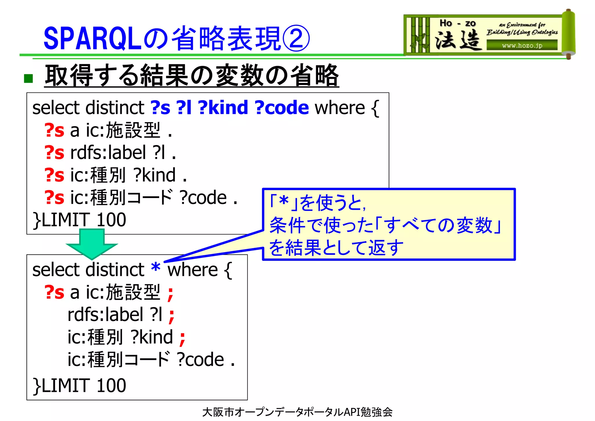 SPARQLの省略表現②
 取得する結果の変数の省略
select distinct ?s ?l ?kind ?code where {
?s a ic:施設型 .
?s rdfs:label ?l .
?s ic:種別 ?kind .
?s ic:種別コード ?code .
}LIMIT 100
select distinct * where {
?s a ic:施設型 ;
rdfs:label ?l ;
ic:種別 ?kind ;
ic:種別コード ?code .
}LIMIT 100
大阪市オープンデータポータルAPI勉強会
「*」を使うと，
条件で使った「すべての変数」
を結果として返す
 
