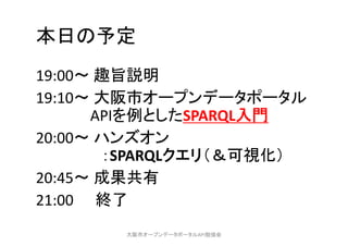 本日の予定
19:00〜 趣旨説明
19:10〜 大阪市オープンデータポータル
APIを例としたSPARQL入門
20:00〜 ハンズオン
：SPARQLクエリ（＆可視化）
20:45～ 成果共有
21:00 終了
大阪市オープンデータポータルAPI勉強会
 