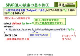 SPARQLの検索の基本例①
「大阪市役所を主語（Subject）に含む」トリプルの述語（?p）と目的
語（?o）を取得する
select distinct ?p ?o
where {
<http://data.city.osaka.lg.jp/linkeddata/resource/116> ?p ?o .
}
LIMIT 100 大阪市役所のIRI
同じパターンは除外する
↓
大阪市オープンデータポータルAPI勉強会
↑検索結果の数の上限
欲しい情報を表す変数
（?+任意の文字列で表す）
↑
ピリオド（“.”）
をつける
 