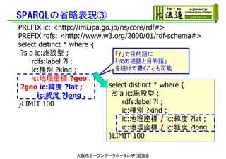 SPARQLの省略表現③
PREFIX ic: <http://imi.ipa.go.jp/ns/core/rdf#>
PREFIX rdfs: <http://www.w3.org/2000/01/rdf-schema#>
select distinct * where {
?s a ic:施設型 ;
rdfs:label ?l ;
ic:種別 ?kind ;
ic:地理座標 ?geo .
?geo ic:緯度 ?lat ;
ic:経度 ?long .
}LIMIT 100
「/」で目的語に
「次の述語と目的語」
を続けて書くことも可能
select distinct * where {
?s a ic:施設型 ;
rdfs:label ?l ;
ic:種別 ?kind ;
ic:地理座標 / ic:緯度 ?lat ;
ic:地理座標 / ic:経度 ?long .
}LIMIT 100
大阪市オープンデータポータルAPI勉強会
 