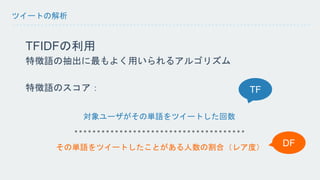 ツイートの解析 
TFIDFの利用 
特徴語の抽出に最もよく用いられるアルゴリズム 
特徴語のスコア： 
対象ユーザがその単語をツイートした回数 
TF 
その単語をツイートしたことがある人数の割合（レア度） 
DF 
 