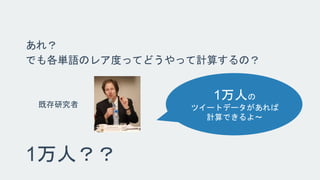 あれ？ 
でも各単語のレア度ってどうやって計算するの？ 
既存研究者 
1万人？？ 
1万人の 
ツイートデータがあれば 
計算できるよ～ 
by Polish Institute of International Affairs 
 