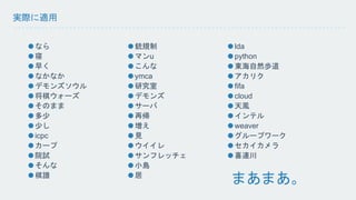 実際に適用 
なら 
寝 
早く 
なかなか 
デモンズソウル 
将棋ウォーズ 
そのまま 
多少 
少し 
icpc 
カープ 
院試 
そんな 
棋譜 
銃規制 
マンu 
こんな 
ymca 
研究室 
デモンズ 
サーバ 
再帰 
増え 
見 
ウイイレ 
サンフレッチェ 
小島 
居 
lda 
python 
東海自然歩道 
アカリク 
fifa 
cloud 
天鳳 
インテル 
weaver 
グループワーク 
セカイカメラ 
喜連川 
まあまあ。 
 