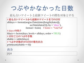 つぶやかなかった日数
  最も古いツイートと最新ツイートの間を対象とする
# 最も古いツイートから最新のツイートまでの日付
alldays <- format(seq(as.Date(dates[length(dates)]),
                        as.Date(dates[1]), by = "days"),
                   format = form) # form <- "%m/%d"
# days の因子
fdays <- factor(days, levels = alldays, order = TRUE)
# 日付ごとのつぶやき数
dtable <- table(fdays)
# つぶやき数が0の日付の数を出力
print(sum(dtable == 0))

出力
[1] 0
 