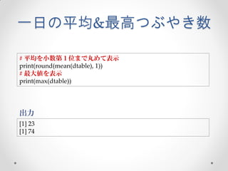 一日の平均&最高つぶやき数

# 平均を小数第１位まで丸めて表示
print(round(mean(dtable), 1))
# 最大値を表示
print(max(dtable))




出力
[1] 23
[1] 74
 