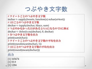 つぶやき文字数
# ツイートごとのつぶやき文字数
tnchar <- sapply(tweets, function(x) nchar(x@text))
# 1日ごとのつぶやき文字数
dnchar <- tapply(tnchar, fdays, sum)
# つぶやかなかった日があるとNAになるので0に修正
dnchar <- ifelse(is.na(dnchar), 0, dnchar)
# 全つぶやき文字数を出力
print(sum(tchar))
# ツイートごとのつぶやき文字数の平均を出力
print(round(mean(tnchar), 1))
# 1日ごとのつぶやき文字数の平均を出力
print(round(mean(dnchar)))
出力
[1] 165674
[1] 55.9
[1] 1284
 