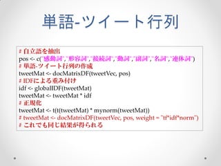 単語-ツイート行列
# 自立語を抽出
pos <- c("感動詞","形容詞","接続詞","動詞","副詞","名詞","連体詞")
# 単語-ツイート行列の作成
tweetMat <- docMatrixDF(tweetVec, pos)
# IDFによる重み付け
idf <- globalIDF(tweetMat)
tweetMat <- tweetMat * idf
# 正規化
tweetMat <- t(t(tweetMat) * mynorm(tweetMat))
# tweetMat <- docMatrixDF(tweetVec, pos, weight = "tf*idf*norm")
# これでも同じ結果が得られる
 