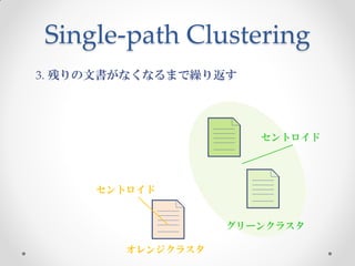 Single-path Clustering
3. 残りの文書がなくなるまで繰り返す




                      セントロイド




     セントロイド


                   グリーンクラスタ

        オレンジクラスタ
 