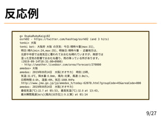 反応例
g> OsakaRubyKaigi02
osrk02 - https://twitter.com/hashtag/osrk02 (and 3 hits)
tenki> 大阪
tenki bot: 大阪府 大阪 の天気: 今日:晴時々曇(...