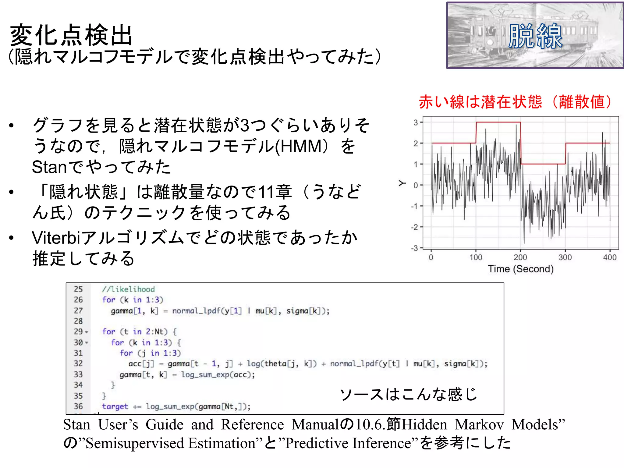 • グラフを見ると潜在状態が3つぐらいありそ
うなので，隠れマルコフモデル(HMM）を
Stanでやってみた
• 「隠れ状態」は離散量なので11章（うなど
ん氏）のテクニックを使ってみる
• Viterbiアルゴリズムでどの状態であったか
推定してみる
変化点検出
(隠れマルコフモデルで変化点検出やってみた）
ソースはこんな感じ
赤い線は潜在状態（離散値）
Stan User’s Guide and Reference Manualの10.6.節Hidden Markov Models”
の”Semisupervised Estimation”と”Predictive Inference”を参考にした
 