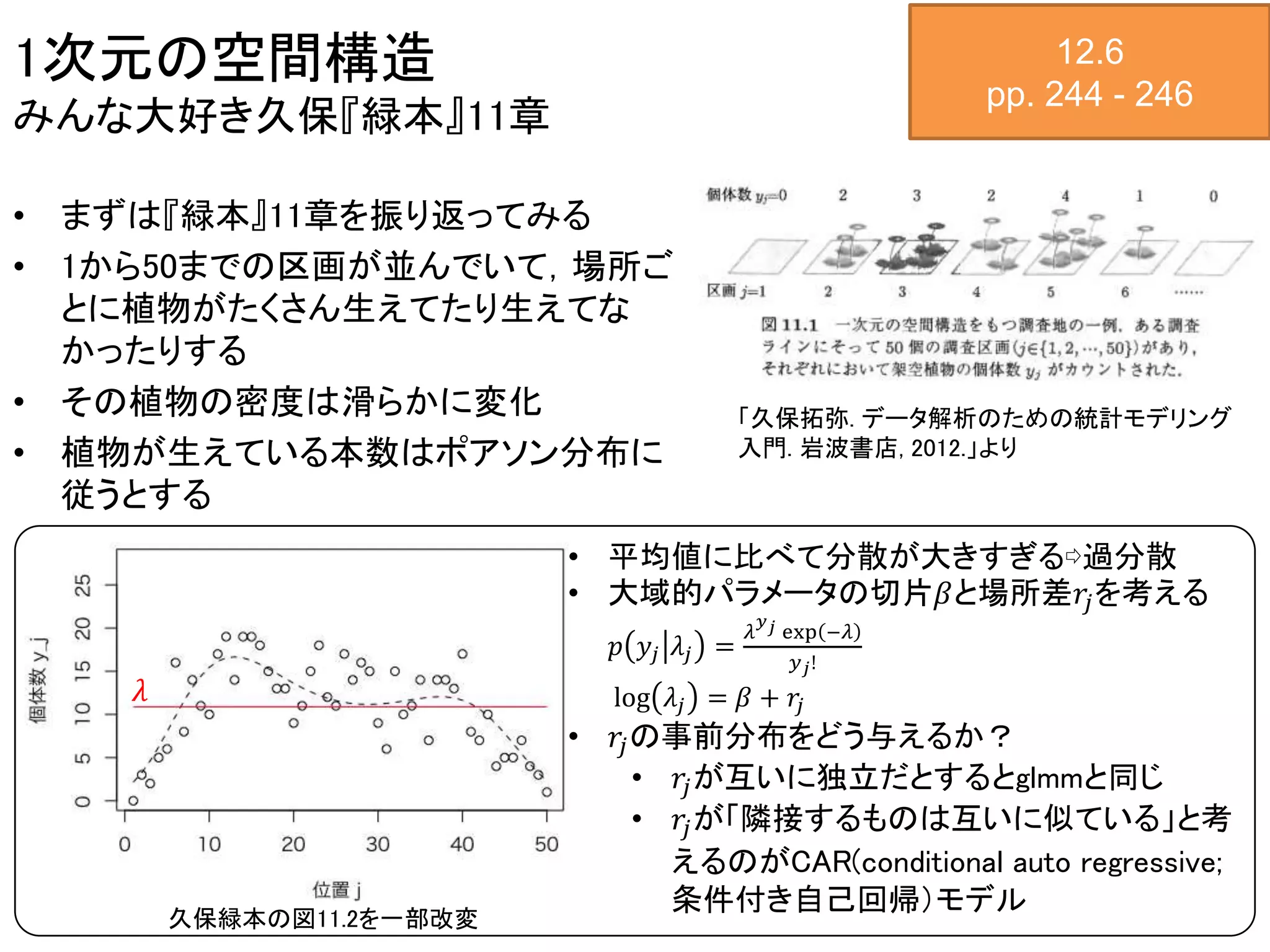 1次元の空間構造
みんな大好き久保『緑本』11章
12.6
pp. 244 - 246
• まずは『緑本』11章を振り返ってみる
• 1から50までの区画が並んでいて，場所ご
とに植物がたくさん生えてたり生えてな
かったりする
• その植物の密度は滑らかに変化
• 植物が生えている本数はポアソン分布に
従うとする
「久保拓弥. データ解析のための統計モデリング
入門. 岩波書店, 2012.」より
𝜆
• 平均値に比べて分散が大きすぎる⇨過分散
• 大域的パラメータの切片𝛽と場所差𝑟𝑗を考える
𝑝 𝑦𝑗 𝜆𝑗 =
𝜆
𝑦 𝑗 exp −𝜆
𝑦 𝑗!
log 𝜆𝑗 = 𝛽 + 𝑟𝑗
• 𝑟𝑗の事前分布をどう与えるか？
• 𝑟𝑗が互いに独立だとするとglmmと同じ
• 𝑟𝑗が「隣接するものは互いに似ている」と考
えるのがCAR(conditional auto regressive;
条件付き自己回帰）モデル
久保緑本の図11.2を一部改変
 