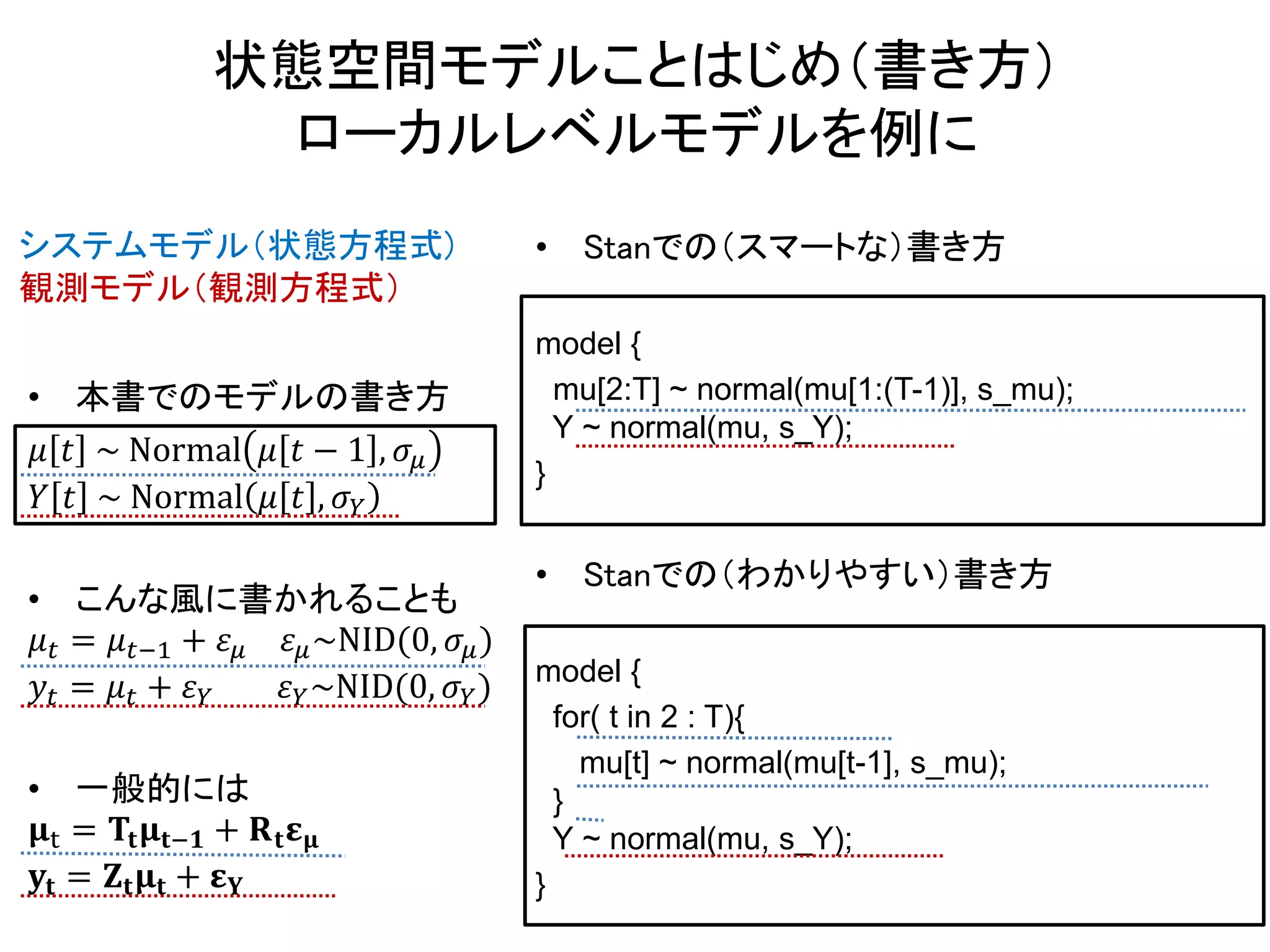 状態空間モデルことはじめ（書き方）
ローカルレベルモデルを例に
• 本書でのモデルの書き方
𝜇 𝑡 ~ Normal 𝜇 𝑡 − 1 , 𝜎𝜇
𝑌 𝑡 ~ Normal 𝜇 𝑡 , 𝜎 𝑌
• こんな風に書かれることも
𝜇 𝑡 = 𝜇 𝑡−1 + 𝜀 𝜇 𝜀 𝜇~NID(0, 𝜎𝜇)
𝑦𝑡 = 𝜇 𝑡 + 𝜀 𝑌 𝜀 𝑌~NID(0, 𝜎 𝑌)
• 一般的には
𝛍t = 𝐓𝐭 𝛍𝐭−𝟏 + 𝐑 𝐭 𝛆 𝛍
𝐲𝐭 = 𝐙𝐭 𝛍𝐭 + 𝛆 𝐘
• Stanでの（スマートな）書き方
model {
mu[2:T] ~ normal(mu[1:(T-1)], s_mu);
Y ~ normal(mu, s_Y);
}
• Stanでの（わかりやすい）書き方
model {
for( t in 2 : T){
mu[t] ~ normal(mu[t-1], s_mu);
}
Y ~ normal(mu, s_Y);
}
システムモデル（状態方程式)
観測モデル（観測方程式）
 
