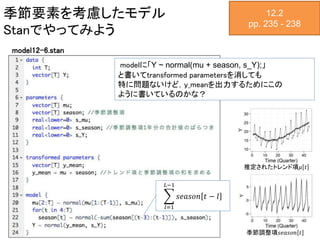 季節要素を考慮したモデル
Stanでやってみよう
12.2
pp. 235 - 238
model12-6.stan
𝑙=1
𝐿−1
𝑠𝑒𝑎𝑠𝑜𝑛 𝑡 − 𝑙
modelに「Y ~ normal(mu + season, s_Y);」
と書いてtransformed parametersを消しても
特に問題ないけど，y_meanを出力するためにこの
ように書いているのかな？
推定されたトレンド項𝜇 𝑡
季節調整項𝑠𝑒𝑎𝑠𝑜𝑛 𝑡
 