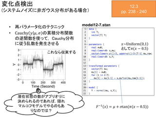 変化点検出
(システムノイズに非ガウス分布がある場合）
• 再パラメータ化のテクニック
• Cauchy 𝑦 𝜇, 𝜎 の累積分布関数
の逆関数を使って， Cauchy分布
に従う乱数を発生させる
12.3
pp. 238 - 240
model12-7.stan
𝑥~Uniform 0,1
として𝜋(𝑥 − 0.5)
𝐹−1
𝑥 = 𝜇 + 𝜎tan(𝜋(𝑥 − 0.5))
これなら収束する
潜在状態の数がアプリオリに
決められるのであれば，隠れ
マルコフモデルでやるのもあ
りなのでは？
 