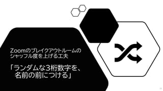 Zoomのブレイクアウトルームの
シャッフル度を上げる工夫
「ランダムな3桁数字を、
名前の前につける」
16
 
