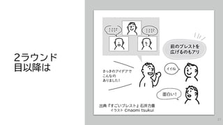 2ラウンド
目以降は
出典『すごいブレスト』石井力重
イラスト ©naomi tsukui
21
 