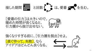 接した期間 と回数 は、愛着 を生む。
［愛着の引力］は大きいので、
暖めた時間が長くなると、
引力圏から抜け出せない。
強くなりすぎる前に、［引力圏を脱出］せよ。
［直ぐ作って、失敗］、なら
アイデアはどんどん良くなる。
46
 