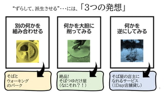 “ずらして、派生させる”・・・には、 「3つの発想」
別の何かを
組み合わせる
何かを大胆に
削ってみる
何かを
逆にしてみる
そばと
ウォーキング
のパーク
絶品!
そばつゆだけ屋
（なにそれ？！）
そば屋の店主に
なれるサービス
（１Day店舗貸し）
9
 