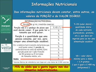 Informações Nutricionais Das informações nutricionais devem constar, entre outros, os valores da PORÇÃO e do VALOR DIÁRIO.  75% do sódio que a gente ingere vem dos alimentos industrializados. Porção não é o pedaço de pizza que você decide comer. E que pode ter o tamanho que você quiser. Porção é a quantidade que uma pessoa consome, por vez, para compor uma alimentação saudável. Ex: o médico/nutricionista determina que você pode comer  1 porção  de carboidratos no café da manhã. Esta porção pode ser 1 pão francês  de 50 gramas ou 5 torradas  de tamanho médio, etc. % VD (valor diário) = quantidade diária  de cada nutriente (carboidrato, proteína, etc.), que deve ser ingerida para se ter uma alimentação saudável. VD = valor diário máximo para o Sódio  = 2,4 gramas  { que é igual a 2.400 mg (miligramas) } Sódio 