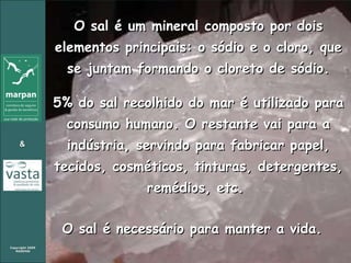 O sal é um mineral composto por dois elementos principais: o sódio e o cloro, que se juntam formando o cloreto de sódio. 5% do sal recolhido do mar é utilizado para consumo humano. O restante vai para a indústria, servindo para fabricar papel, tecidos, cosméticos, tinturas, detergentes, remédios, etc.  O sal é necessário para manter a vida.  