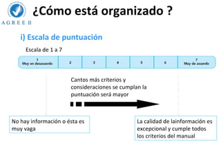 ¿Cómo está organizado ?
   i) Escala de puntuación
     Escala de 1 a 7



                       Cantos más criterios y
                       consideraciones se cumplan la
                       puntuación será mayor



No hay información o ésta es                    La calidad de lainformación es
muy vaga                                        excepcional y cumple todos
                                                los criterios del manual
 