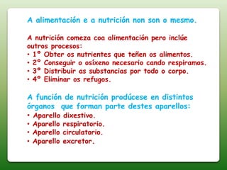 A alimentación e a nutrición non son o mesmo.
A nutrición comeza coa alimentación pero inclúe
outros procesos:
• 1º Obter os nutrientes que teñen os alimentos.
• 2º Conseguir o osíxeno necesario cando respiramos.
• 3º Distribuir as substancias por todo o corpo.
• 4º Eliminar os refugos.
A función de nutrición prodúcese en distintos
órganos que forman parte destes aparellos:
• Aparello dixestivo.
• Aparello respiratorio.
• Aparello circulatorio.
• Aparello excretor.
 