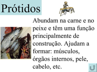 Prótidos Abundam na carne e no peixe e têm uma função principalmente de construção. Ajudam a formar: músculos, órgãos internos, pele, cabelo, etc. 