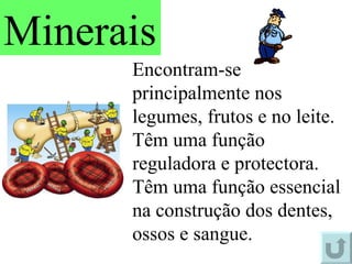 Encontram-se principalmente nos legumes, frutos e no leite. Têm uma função reguladora e protectora. Têm uma função essencial na construção dos dentes, ossos e sangue. Minerais 