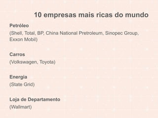 10 empresas mais ricas do mundo 
Petróleo 
(Shell, Total, BP, China National Pretroleum, Sinopec Group, 
Exxon Mobil) 
Carros 
(Volkswagen, Toyota) 
Energia 
(State Grid) 
Loja de Departamento 
(Wallmart) 
 