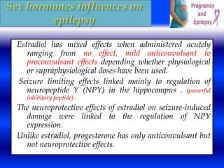 Estradiol has mixed effects when administered acutely 
ranging from no effect, mild anticonvulsant to 
proconvulsant effects depending whether physiological 
or supraphysiological doses have been used. 
Seizure limiting effects linked mainly to regulation of 
neuropeptide Y (NPY) in the hippocampus . (powerful 
inhibitory peptide) . 
The neuroprotective effects of estradiol on seizure-induced 
damage were linked to the regulation of NPY 
expression. 
Unlike estradiol, progesterone has only anticonvulsant but 
not neuroprotective effects. 
 