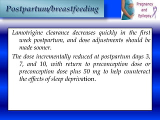 Lamotrigine clearance decreases quickly in the first 
week postpartum, and dose adjustments should be 
made sooner. 
The dose incrementally reduced at postpartum days 3, 
7, and 10, with return to preconception dose or 
preconception dose plus 50 mg to help counteract 
the effects of sleep deprivation. 
 