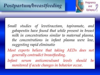 Small studies of levetiracetam, topiramate, and 
gabapentin have found that while present in breast 
milk in concentrations similar to maternal plasma, 
the concentrations in infant plasma were low, 
suggesting rapid eliminatio 
Most experts believe that taking AEDs does not 
generally contradict breastfeeding. 
Infant serum anticonvulsant levels should be 
monitored if acute changes in behavior occur. 
 