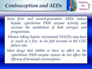 Some first- and second-generation AEDs induce 
hepatic cytochrome P450 enzyme activity and 
increase the metabolism of both estrogen and 
progesterone. 
Women taking hepatic microsomal EIAEDs may have 
as much as a five- to six fold increase in the COC 
failure rate. 
Most drugs that inhibit or have no effect on the 
cytochrome P450 enzyme system do not affect the 
efficacy of hormonal contraception . 
 