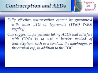 Fully effective contraception cannot be guaranteed 
with either LTG or topiramate (TPM) (>200 
mg/day). 
One suggestion for patients taking AEDs that interfere 
with COCs is to use a barrier method of 
contraception, such as a condom, the diaphragm, or 
the cervical cap, in addition to the COC. 
 