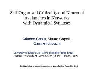 Self-Organized Criticality and Neuronal
Avalanches in Networks
with Dynamical Synapses
Ariadne Costa, Mauro Copelli,
Osame Kinouchi
First Workshop of Young Researchers of NeuroMat, São Paulo, May 2015
University of São Paulo (USP), Ribeirão Preto, Brazil
Federal University of Pernambuco (UFPE), Recife, Brazil
 