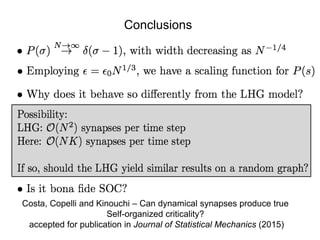 Conclusions
Costa, Copelli and Kinouchi – Can dynamical synapses produce true
Self-organized criticality?
accepted for publication in Journal of Statistical Mechanics (2015)
 