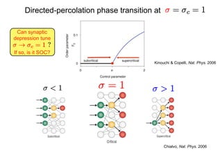 Directed-percolation phase transition at
Kinouchi & Copelli, Nat. Phys. 2006
Chialvo, Nat. Phys. 2006
Can synaptic
depression tune
If so, is it SOC?
 