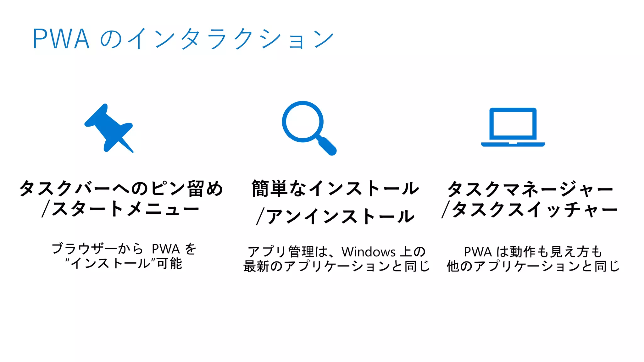 PWA のインタラクション
タスクバーへのピン留め
/スタートメニュー
ブラウザーから PWA を
“インストール”可能
簡単なインストール
/アンインストール
アプリ管理は、Windows 上の
最新のアプリケーションと同じ
タスクマネージャー
/タスクスイッチャー
PWA は動作も見え方も
他のアプリケーションと同じ
 
