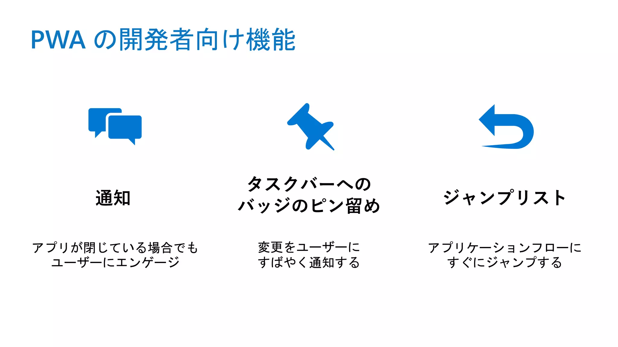 PWA の開発者向け機能
通知
アプリが閉じている場合でも
ユーザーにエンゲージ
タスクバーへの
バッジのピン留め
変更をユーザーに
すばやく通知する
ジャンプリスト
アプリケーションフローに
すぐにジャンプする
 