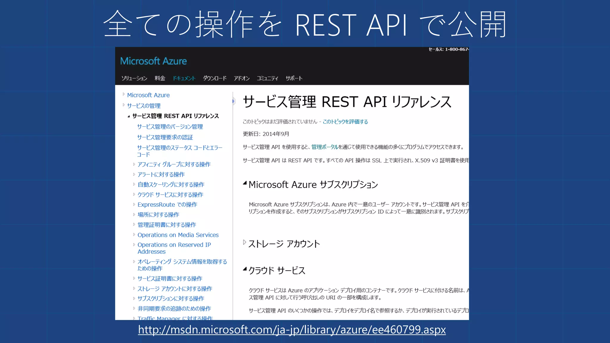 全ての操作を REST API で公開
http://msdn.microsoft.com/ja-jp/library/azure/ee460799.aspx
 