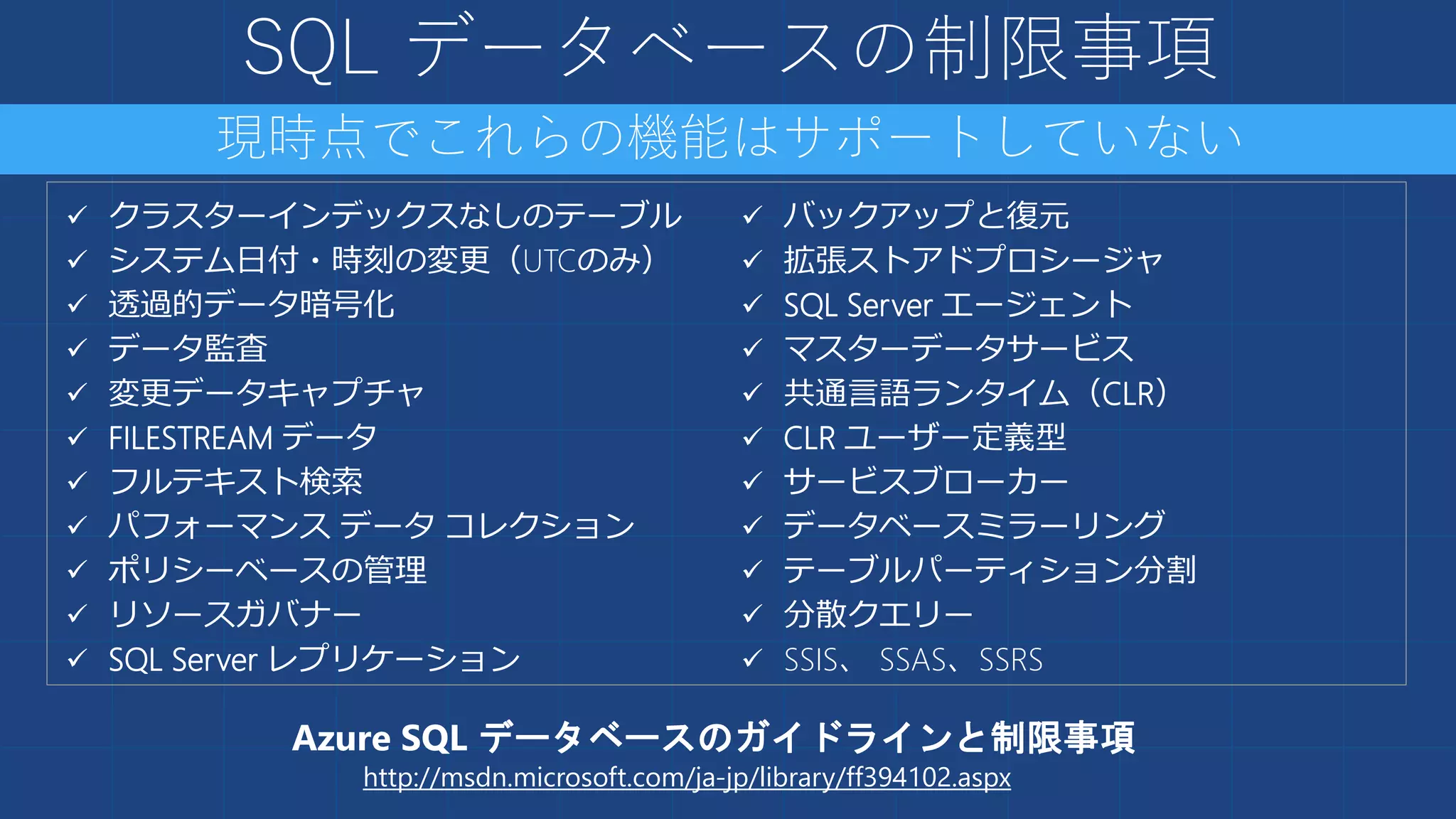 SQL データベースの制限事項
 クラスターインデックスなしのテーブル
 システム日付・時刻の変更（UTCのみ）
 透過的データ暗号化
 データ監査
 変更データキャプチャ
 FILESTREAM データ
 フルテキスト検索
 パフォーマンス データ コレクション
 ポリシーベースの管理
 リソースガバナー
 SQL Server レプリケーション
 バックアップと復元
 拡張ストアドプロシージャ
 SQL Server エージェント
 マスターデータサービス
 共通言語ランタイム（CLR）
 CLR ユーザー定義型
 サービスブローカー
 データベースミラーリング
 テーブルパーティション分割
 分散クエリー
 SSIS、 SSAS、SSRS
http://msdn.microsoft.com/ja-jp/library/ff394102.aspx
Azure SQL データベースのガイドラインと制限事項
 
