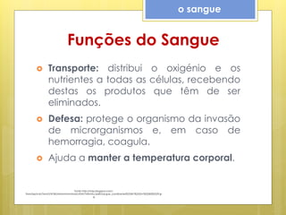 Funções do Sangue
 Transporte: distribui o oxigénio e os
nutrientes a todas as células, recebendo
destas os produtos que têm de ser
eliminados.
 Defesa: protege o organismo da invasão
de microrganismos e, em caso de
hemorragia, coagula.
 Ajuda a manter a temperatura corporal.
o sangue
Fonte: http://4.bp.blogspot.com/-
9w6vSepVulU/TwnU57sF30I/AAAAAAAAAa4/cKE4V7xWmAc/s640/sangue_constituintes%255B1%255D+%25282%2529.jp
g
 