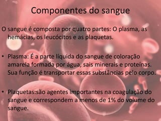 Componentes do sangue
O sangue é composta por quatro partes: O plasma, as
hemácias, os leucócitos e as plaquetas.
• Plasma: É a parte líquida do sangue de coloração
amarela formada por água, sais minerais e proteínas.
Sua função é transportar essas substâncias pelo corpo.
• Plaquetas:são agentes importantes na coagulação do
sangue e correspondem a menos de 1% do volume do
sangue.
 