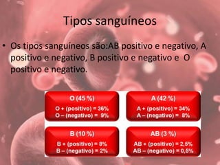 Tipos sanguíneos
• Os tipos sanguíneos são:AB positivo e negativo, A
positivo e negativo, B positivo e negativo e O
positivo e negativo.
 