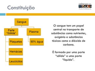 Constituição O sangue tem um papel central no transporte de substâncias como nutrientes, oxigénio e substâncias tóxicas como o dióxido de carbono. É formado por uma parte “sólida” e uma parte “líquida”.  
