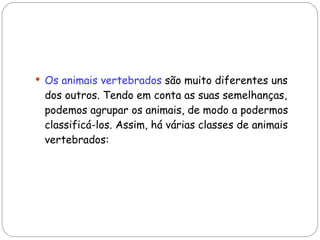 Os animais vertebrados  são muito diferentes uns dos outros. Tendo em conta as suas semelhanças, podemos agrupar os animais, de modo a podermos classificá-los. Assim, há várias classes de animais vertebrados: 